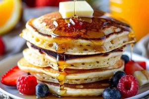 Stack of IHOP Pancake Recipe Pancakes with Fresh Fruit, Maple Syrup, and Butter