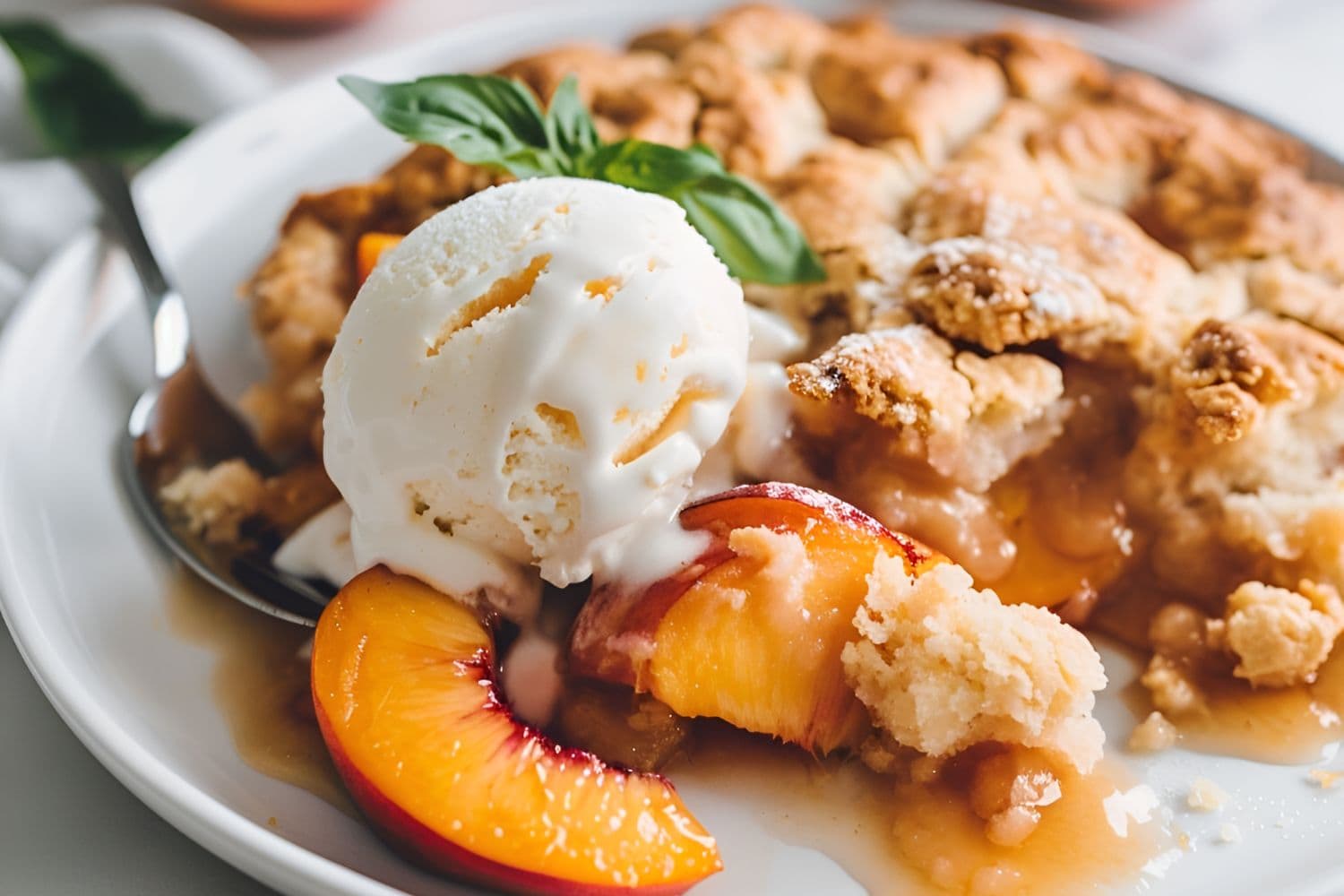 Close Up of Patti Labelle's Peach Cobbler on a Plate with Vanilla Ice Cream and Mint