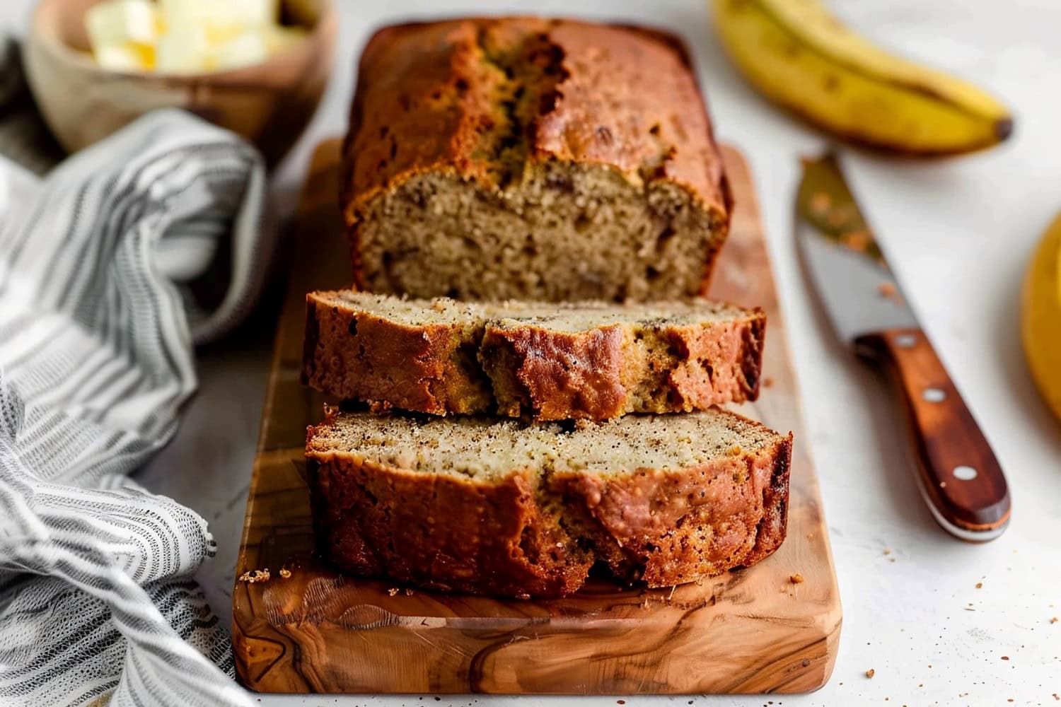 Front View of Bisquick Banana Bread Loaf with Two Slices Cut on a Wood Cutting Board with a Banana, Knife, and Kitchen Towel in the Background
