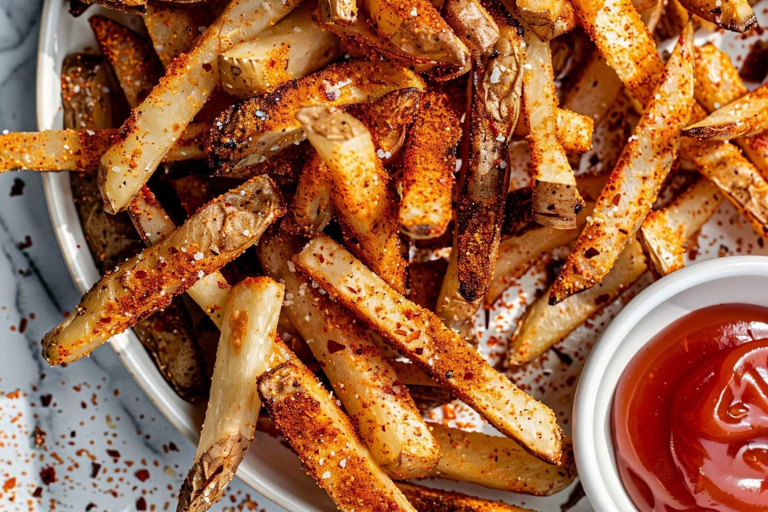 Top View of Well-Seasoned Wingstop Fries on a White Plate with a Ramekin of Ketchup to the Side