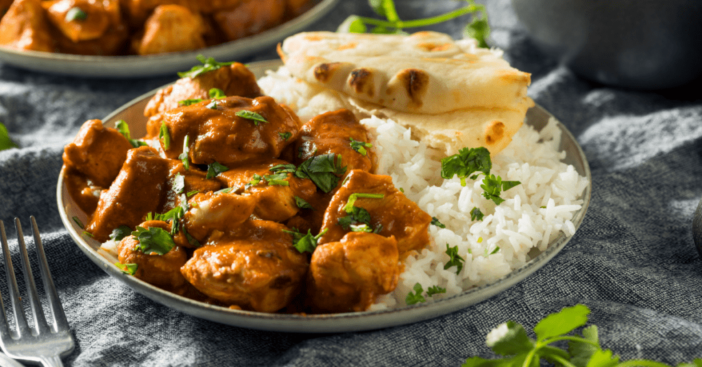 Homemade Buttered Chicken with Rice and Naan Bread