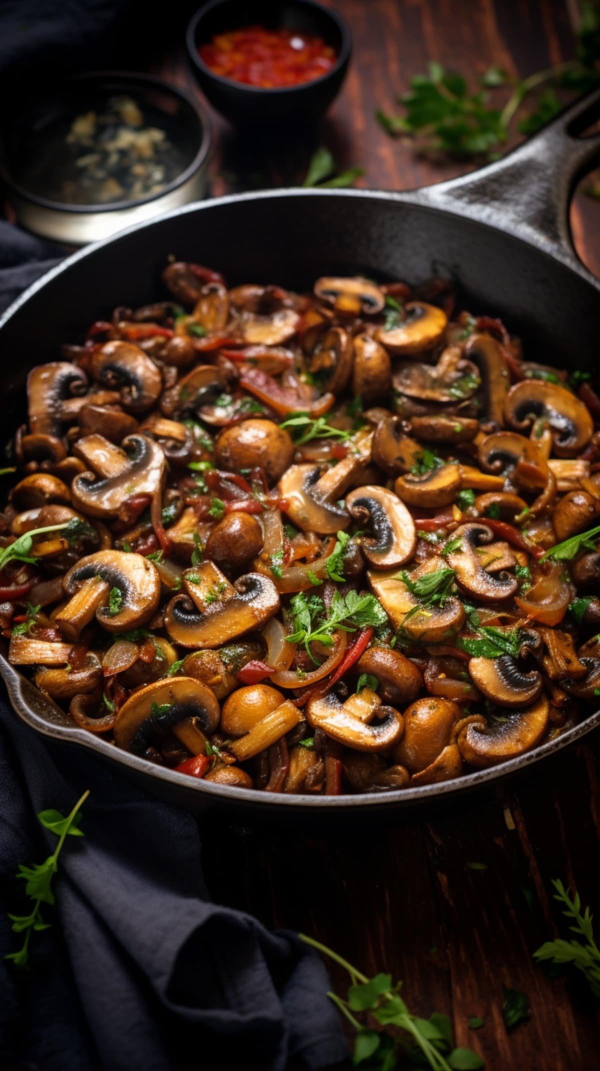 Fried mushrooms and onions in a skillet