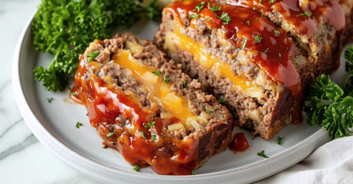 Cheeseburger Meatloaf Slices in a White Plate on a White Marble Table