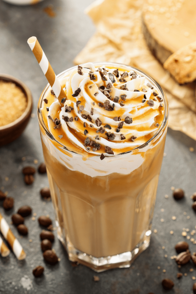 Caramel Frappe with Whipped Cream and Chocolate Chips