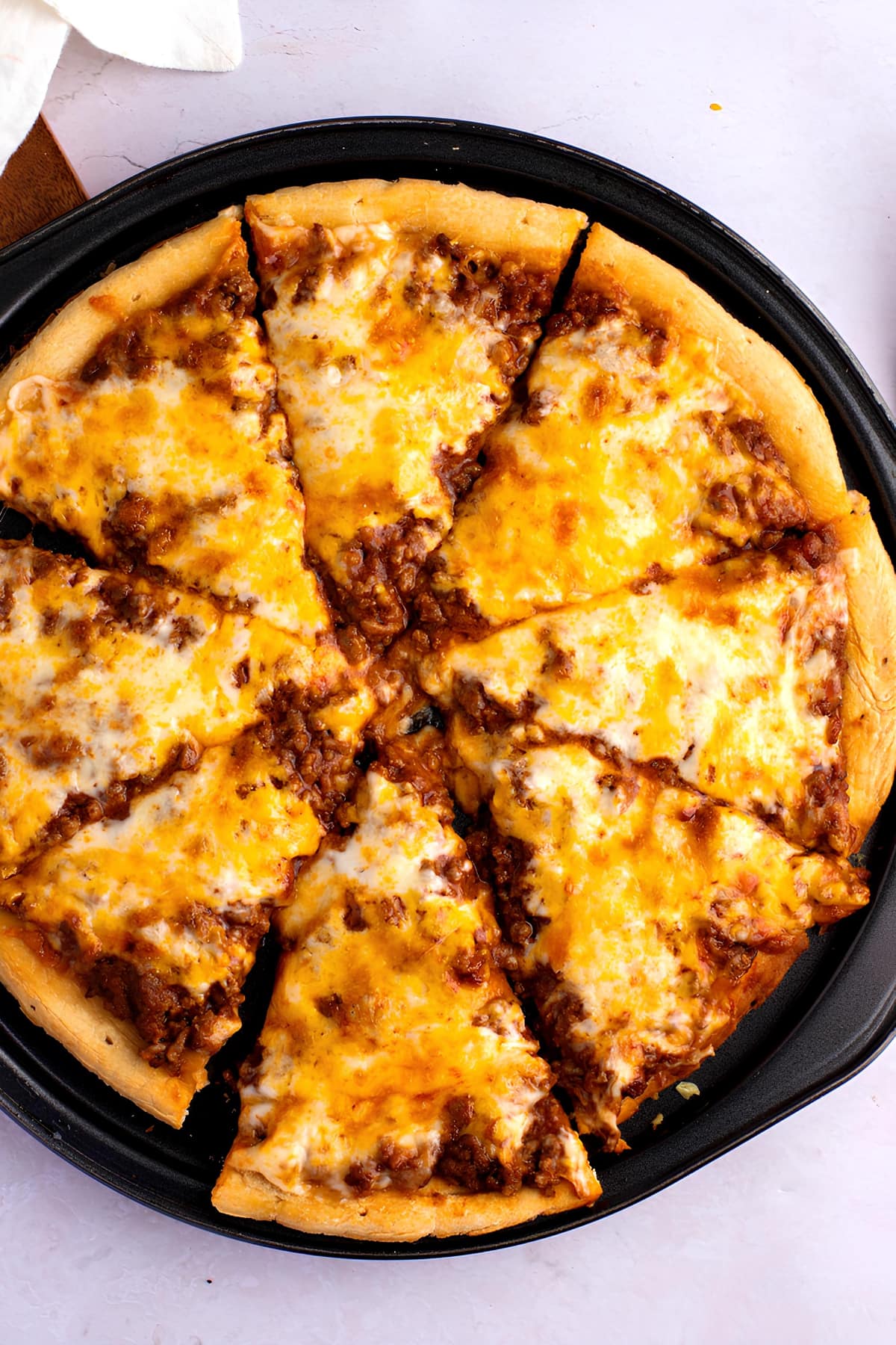 Homemade Sloppy Joe Pizza with Meat and Cheese in a Pan