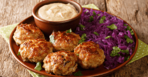 Meatballs with Red Cabbage and Dipping Sauce