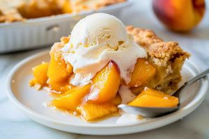 Close Up of Peach Cobbler with Cake Mix with Vanilla Ice Cream on a Plate