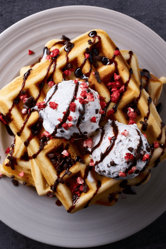 Belgian Waffles with Chocolate Syrup and Ice Cream