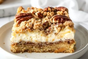 Close Up Slice of Cream Cheese Coffee Cake with Layers of Cheesecake, Coffee Cake, and Crumble Topping on a White Plate