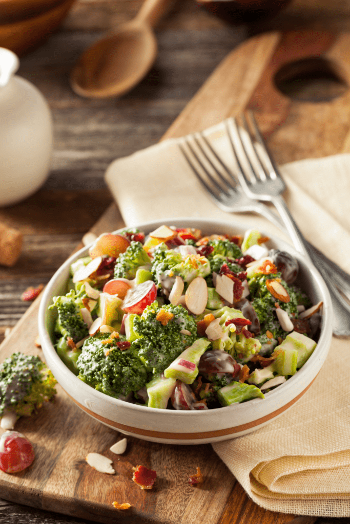 Creamy Broccoli Salad in a White Bowl