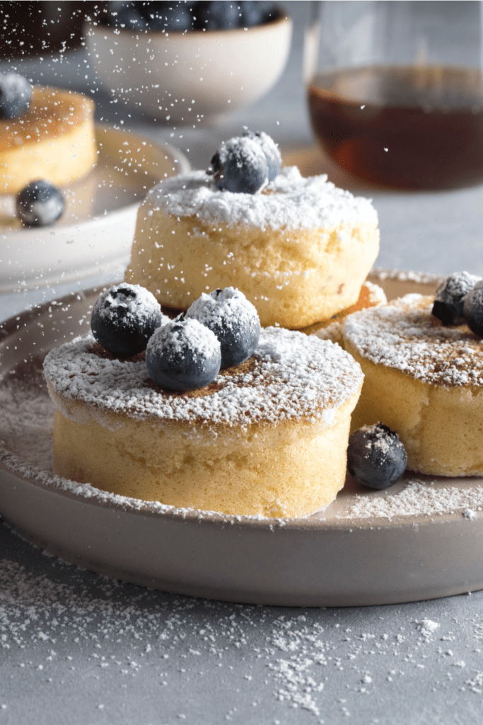 Japanese Pancakes with Powdered Sugar and Blueberries