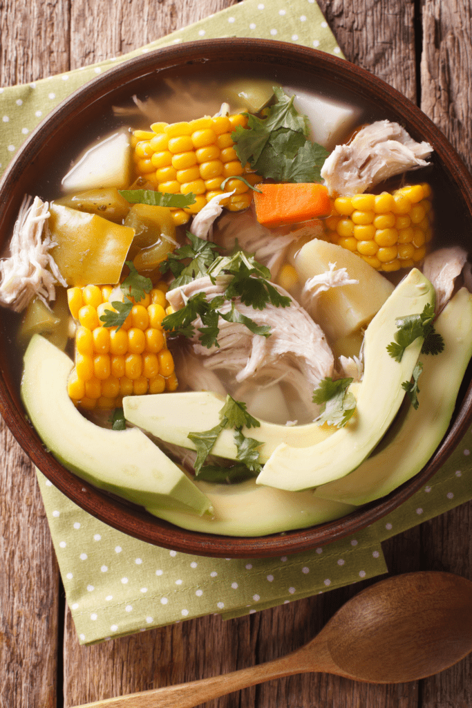 Colombian Ajiaco Soup with Corn and Avocado
