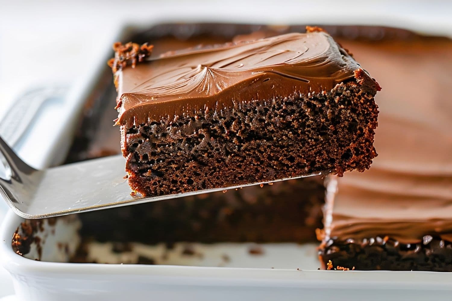 Spatula Holding Up a Slice of Chocolate Coca Cola Cake with Frosting with the Rest of the Cake in the Background