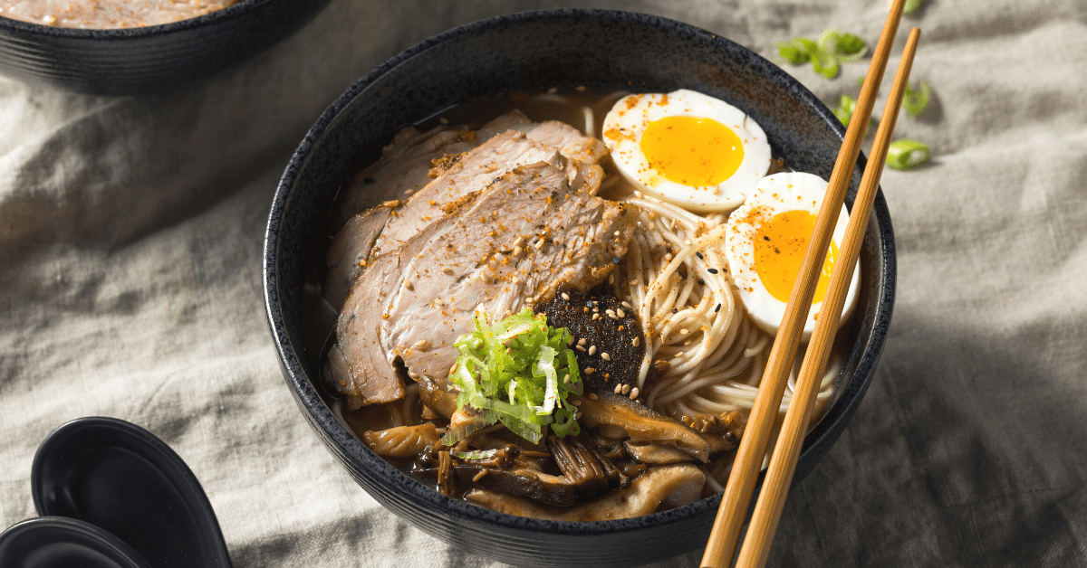 Homemade Asian Pork Ramen in a Black Bowl