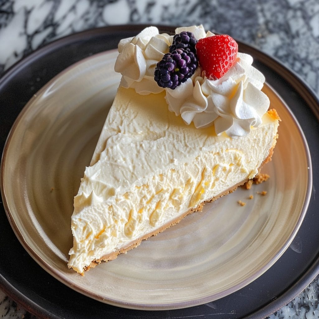 Slice of Junior's Cheesecake on a plate with whipped cream and fresh fruit