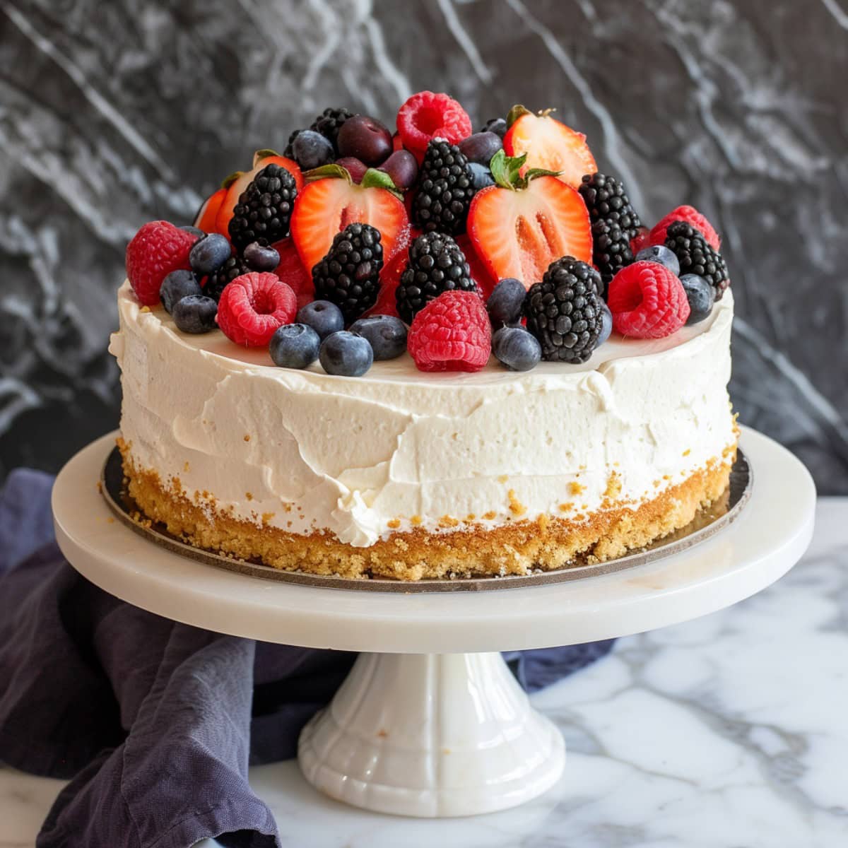 Whole New York Baked Cheesecake on a cake stand