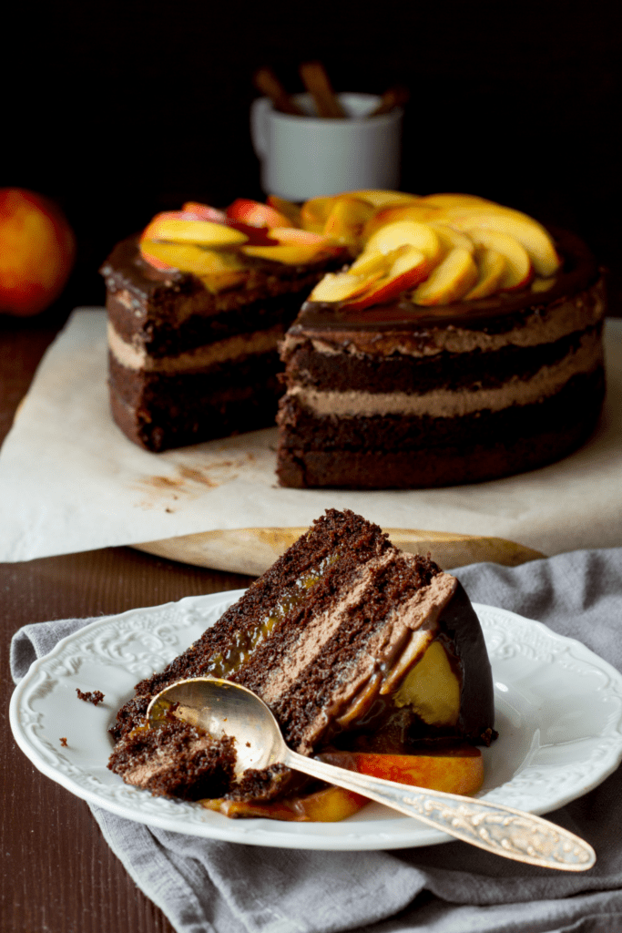 Sliced Chocolate Cake with Nectarine Toppings