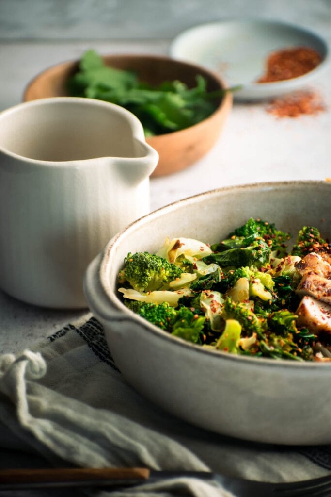 Bowl of Stir-Fried Green Vegetables with Grilled Chicken