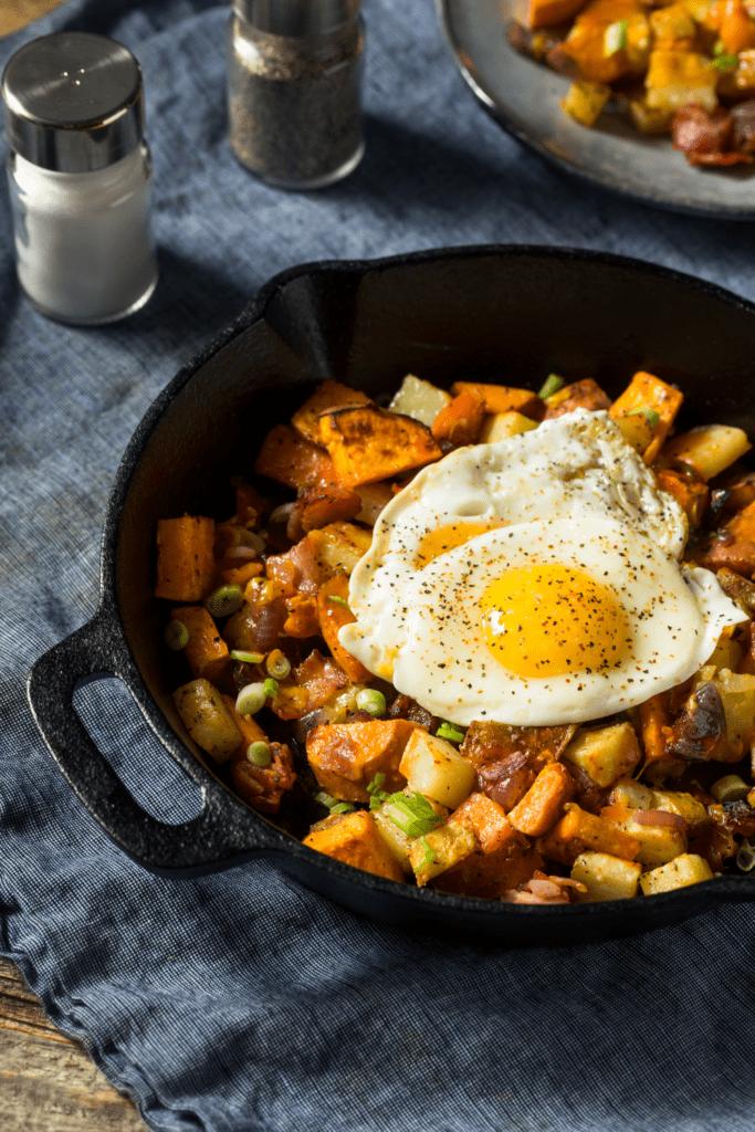 Camping Breakfast Sweet Potato Hash with Fried Eggs