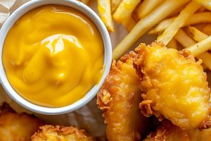 Top View of McDonald's Hot Mustard Sauce in a White Ramekin with Chicken Tenders and French Fries