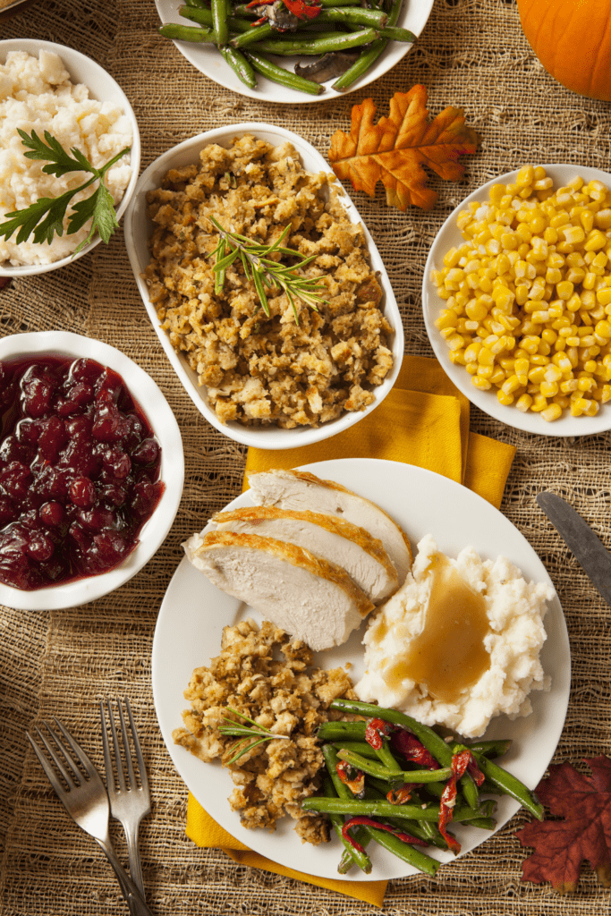 Thanksgiving Dinner with Turkey, Mashed Potatoes, Corn and Stuffing