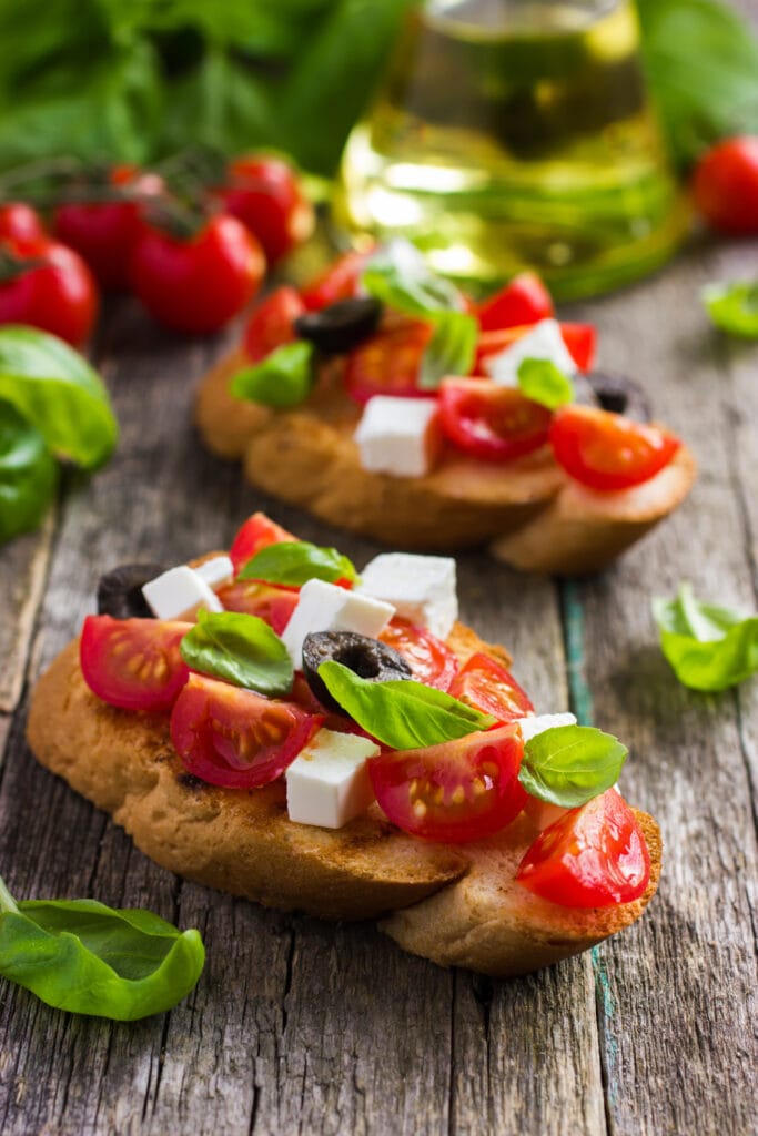 Bruschetta with Tomatoes, Feta Cheese and Basil