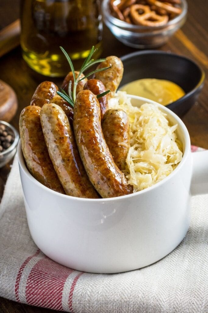 Juicy Bratwurst with Cabbage Salad and Mustard Sauce