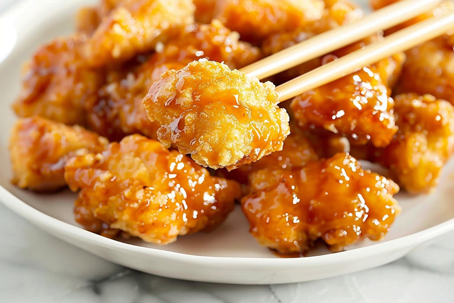 Close up of Sweet and Sour Chicken Balls on a White Plate with One Chicken Ball Held Up by Chopsticks