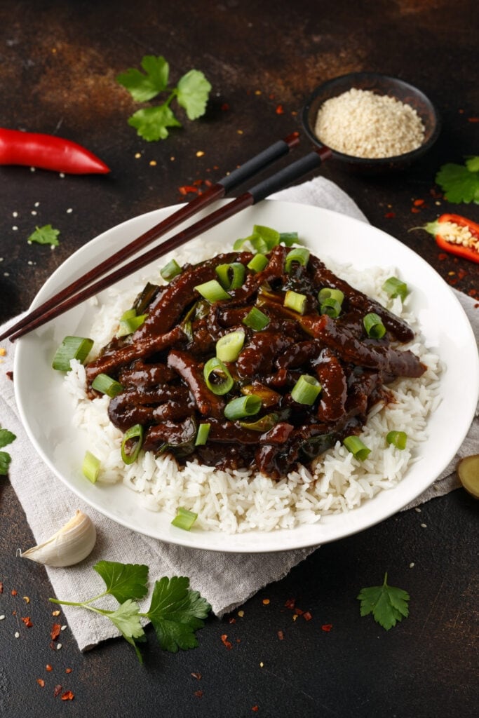 Mongolian Beef with Rice and Green Onions