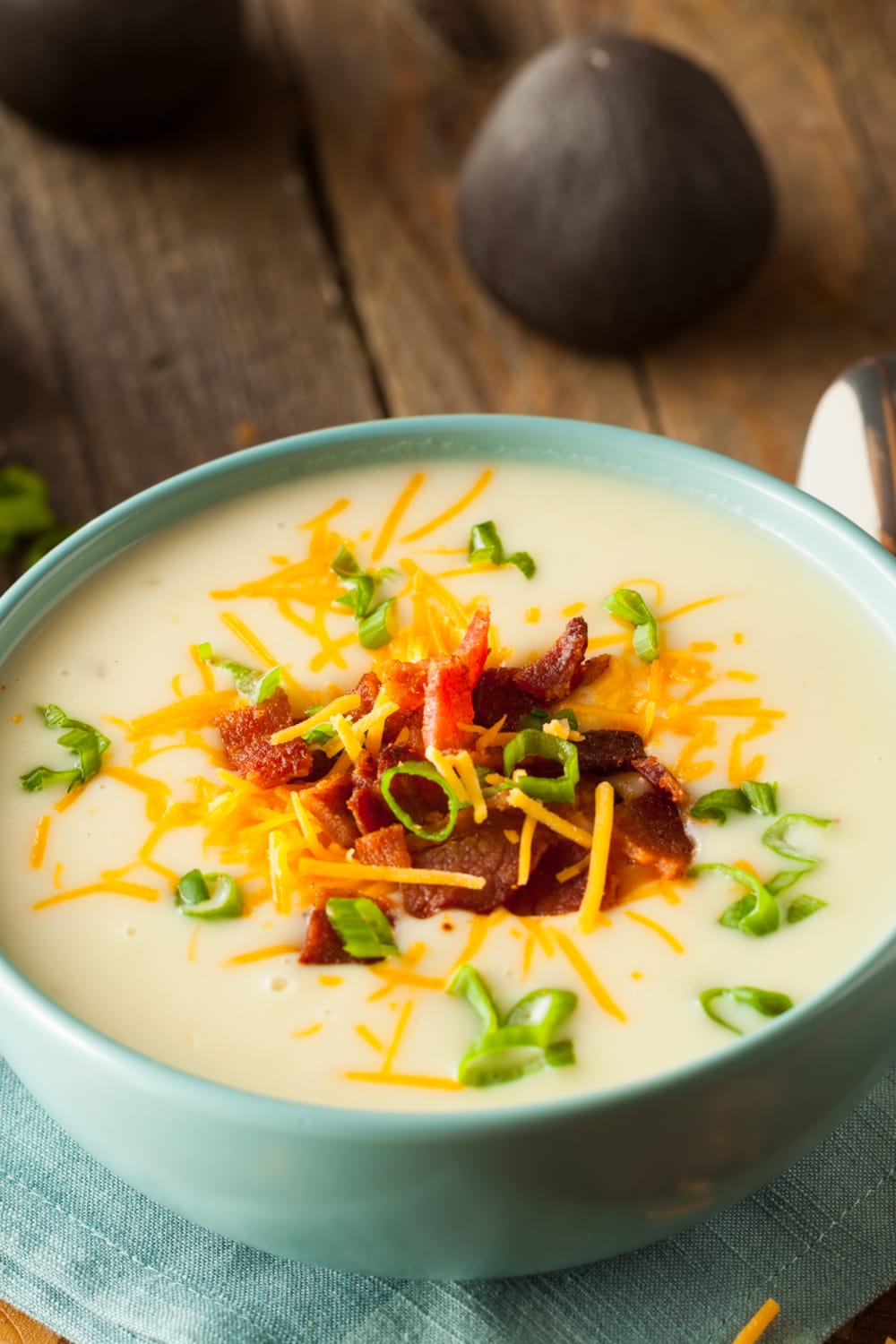 A bowl of Potato Soup with Bacon and cheese.