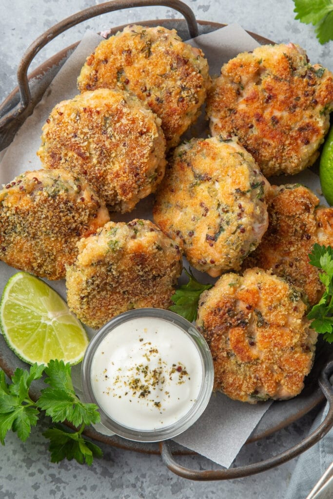 Salmon Patties with Dipping Sauce and Lime