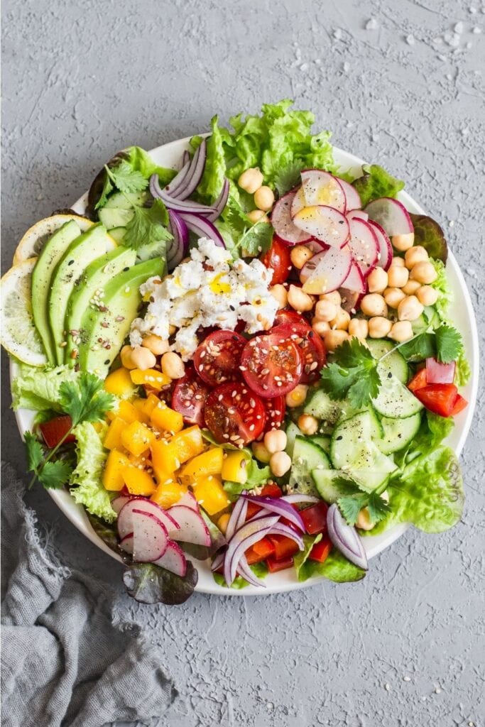 Spring Vegetable Salad with Chickpeas, Avocadoes and Feta Cheese