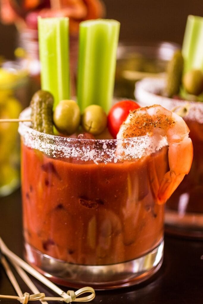 Bloody Mary Cocktail with Vegetables and Shrimp - Easy Brunch Cocktails
