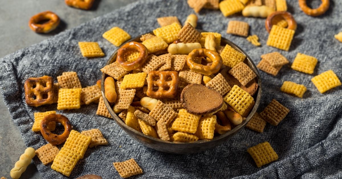 Bowl of Salty Snacks with Cereals and Pretzels