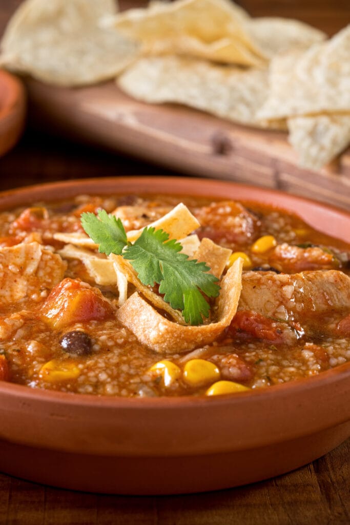 Chicken Tortilla Soup with Black Beans, Corns and Tomatoes