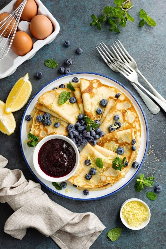 Lemon Pancakes with Jam and Blueberries