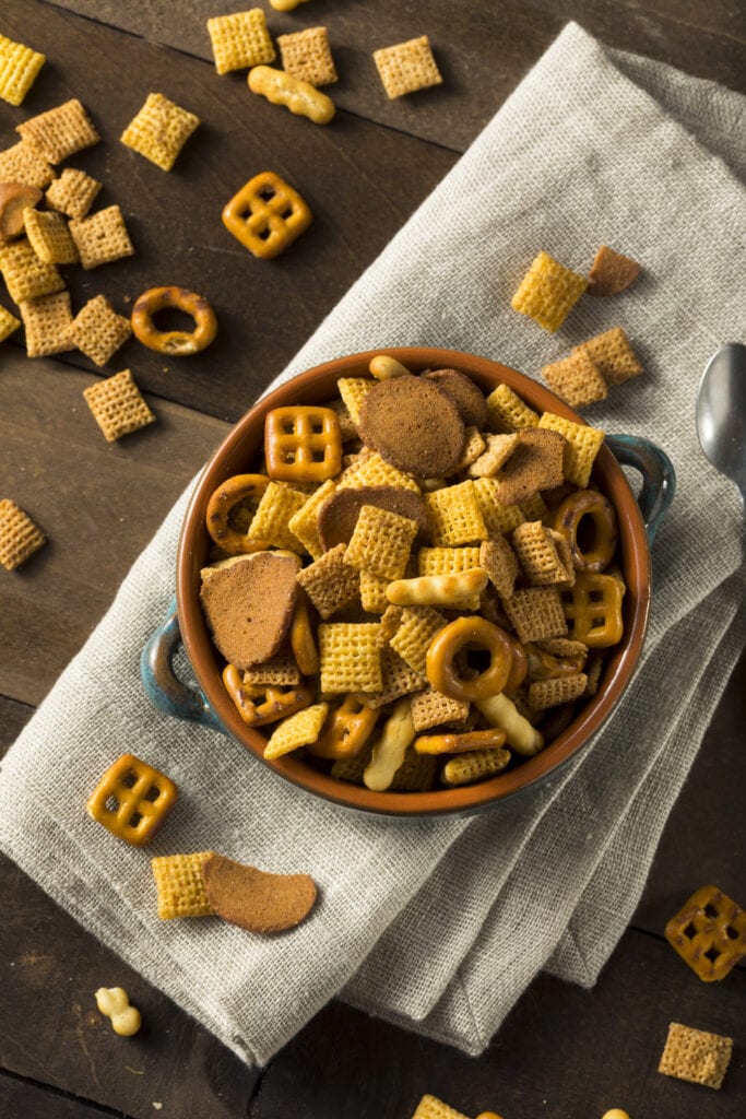 Salty Snack Party Mix with Cereals and Pretzels