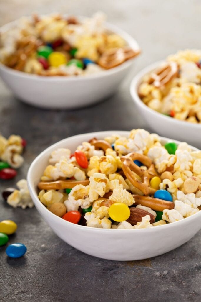 Trail Mix Snacks: Pretzels, Pop Corn, Chocolate Candies and Nuts