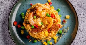 Yellow Rice Risotto with Vegetables and Shrimps