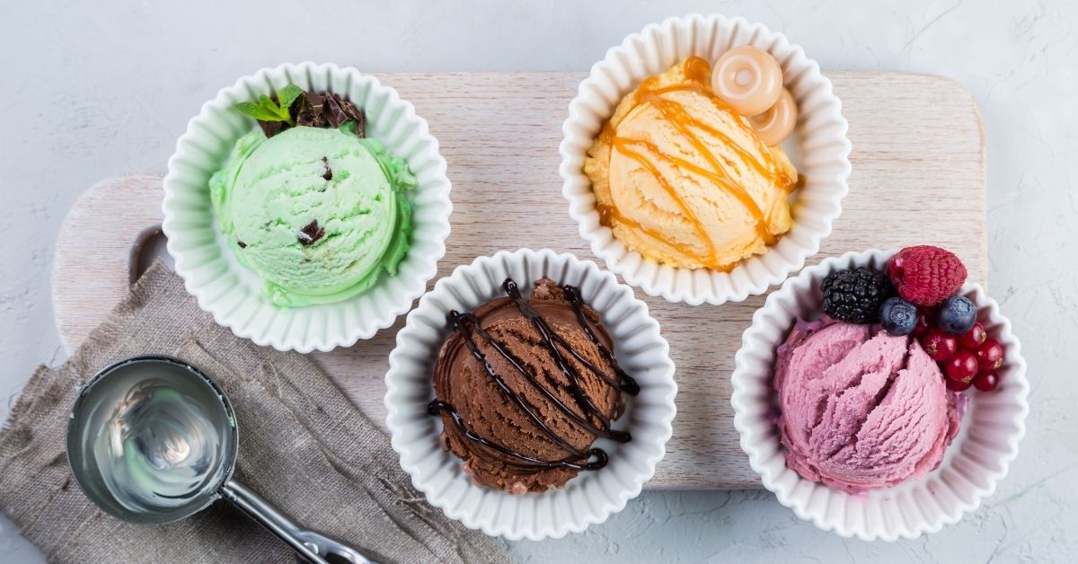 Assorted Ice Cream Scoops: Chocolate, Berries, Mango and Chocolate Mint Flavors