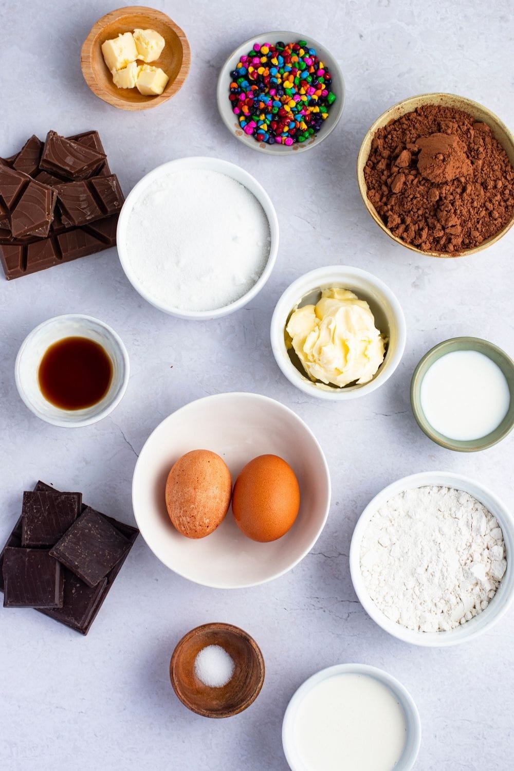 Cosmic Brownies Ingredients: Eggs, Chopped Chocolates, Cocoa Powder, Butter and Sprinkled Chipped Candies