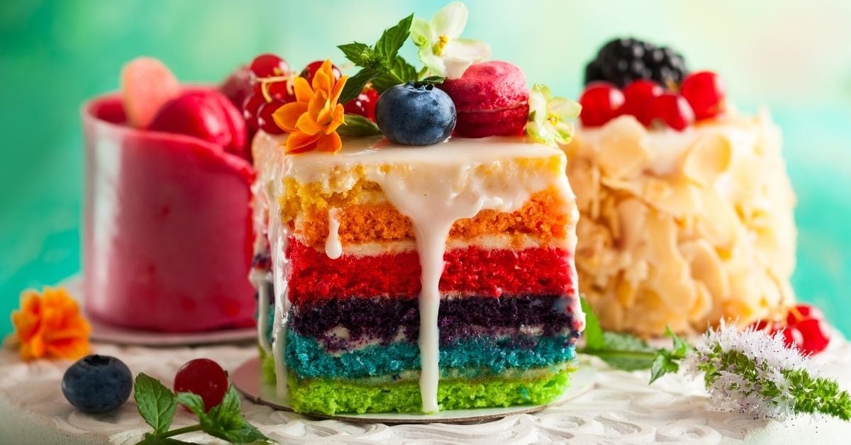 Various Cake Slices: Rainbow, Almond and Raspberry Cakes