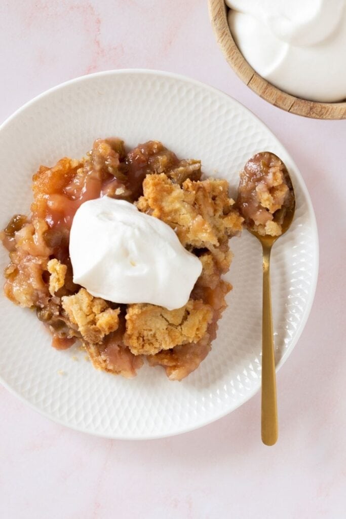 Warm and Moist Rhubarb Dump Cake with Ice Cream