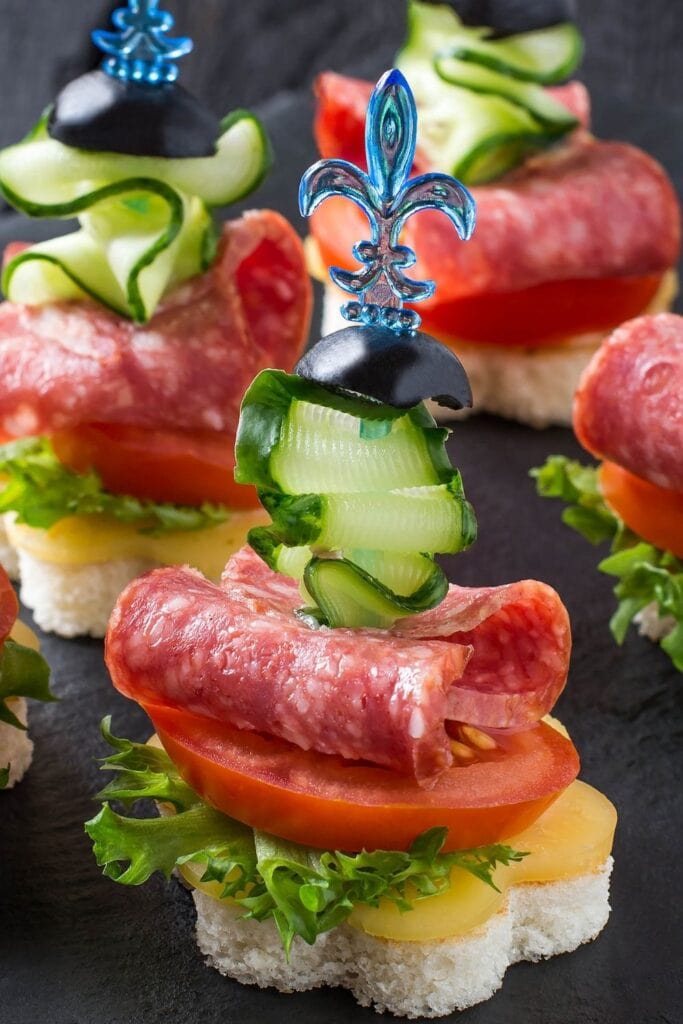Canape on Skewers with Sausage and Vegetables