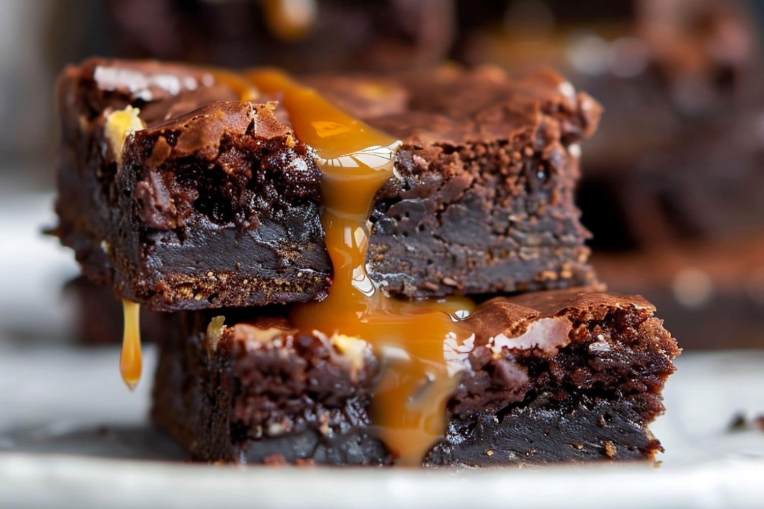 Two Caramel Brownies Stacked with Gooey Caramel Dripping Down