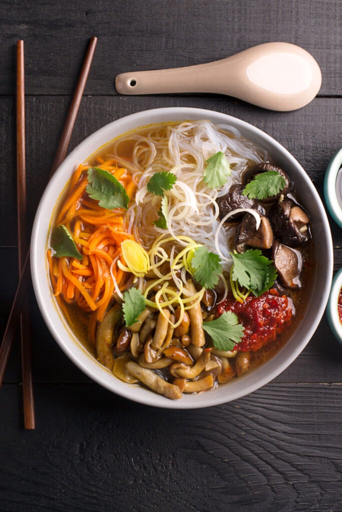 Chinese Noodle Soup with Mushrooms and Vegetables