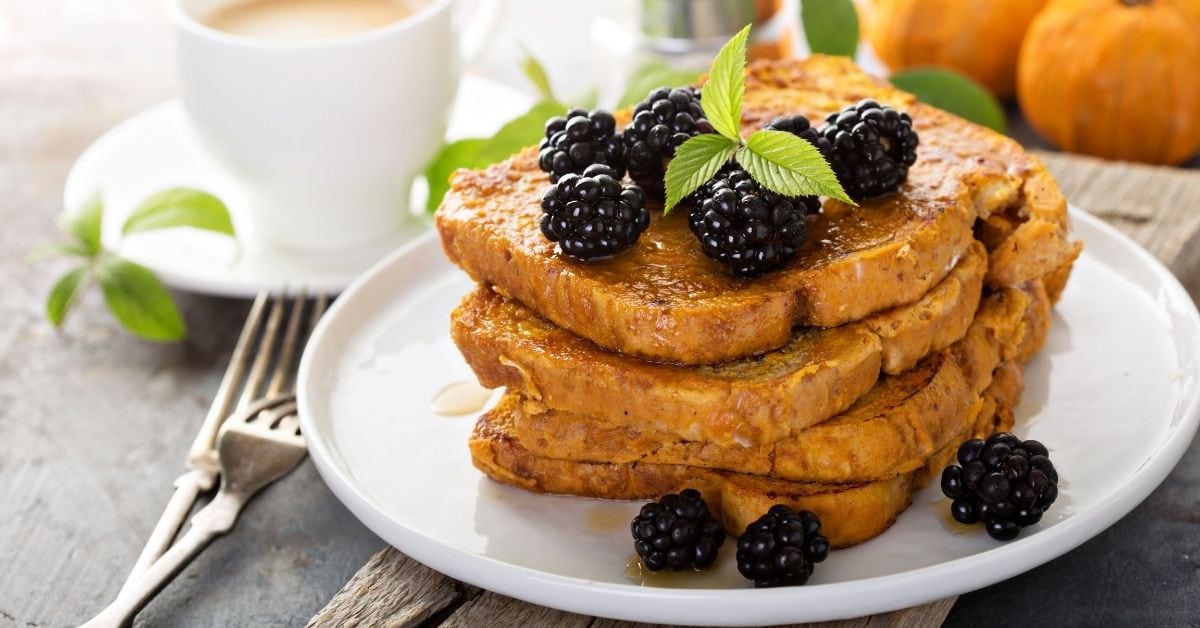 Homemade Pumpkin French Toast with Berries and Coffee