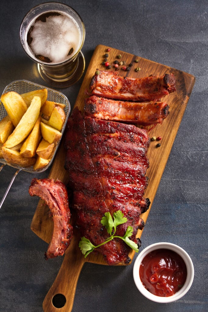 Pork Loin Ribs with Sauce, Fries and Beer