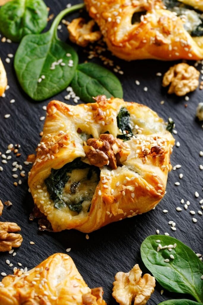Puff Pastry Stuffed Spinach with Gorgonzola Cheese and Sesame Seeds