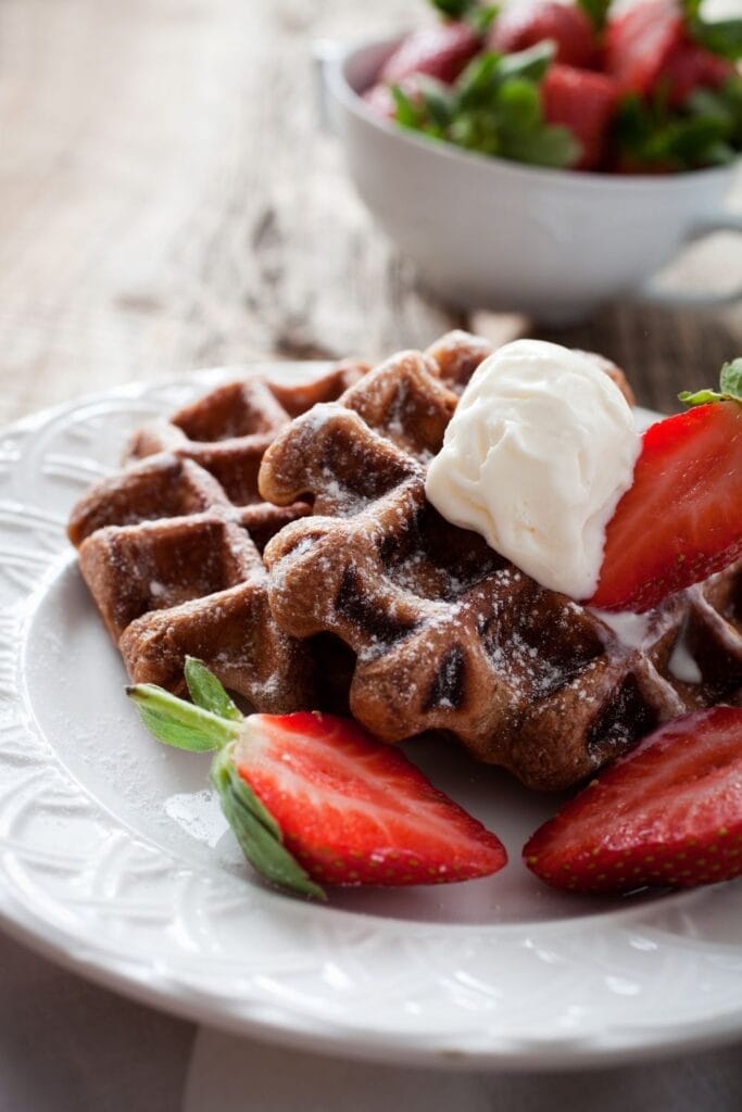 Sweet Chocolate Waffles with Strawberries and Ice Cream